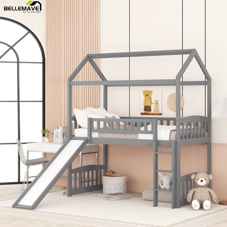 Bellemave Twin Loft Bed with Slide, Wood House Loft Bunk Bed with Slide and Ladder, Twin Size Playhouse Slide Bed Frame for Teens, Gray