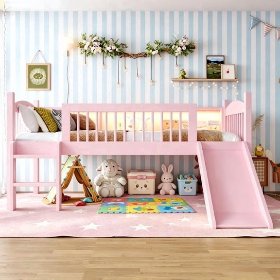 Bellemave Twin Loft Bed with Slide, Low Loft Bed with Bookcase, Solid Wood Loft Bed with LED Lights & Ladder, Twin Size Loft Bed with Full-Length Guardrails, No Box Spring Needed, Pink