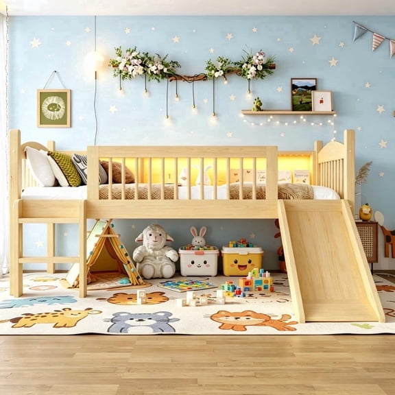 Bellemave Twin Loft Bed with Bookcase, Low Loft Bed with Slide, Solid Wood Loft Bed with LED Lights & Ladder, Twin Size Loft Bed with Full-Length Guardrails, No Box Spring Needed, Natural