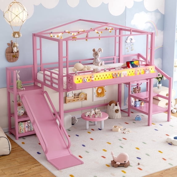 Bellemave Twin Loft Bed with Storage Stairs & Slide, Heavy-Duty Metal Frame with Built-in Wardrobe & Storage Shelves, High Loft Bed with LED Lights, USB Charging Ports for Teens, Pink
