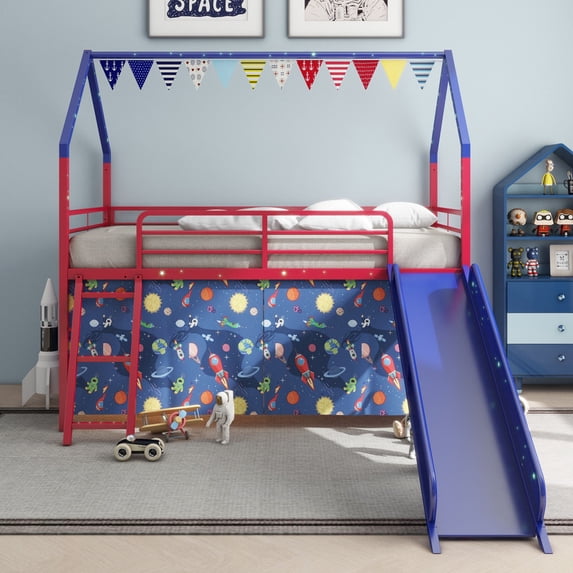 Bellemave Red and Blue Twin Loft Bed with Slide, Metal Junior House Bed with Curtain Set and Pennant Banner