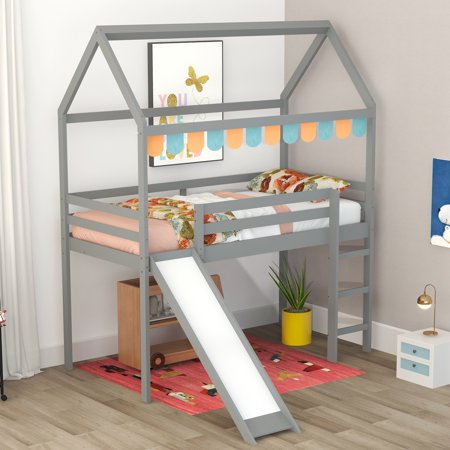 Bellemave Twin Loft Bed with Slide, Wood House Loft Bed with Ladder, Low Loft Bed Frame for Kids Girls Boys Teens (Gray)