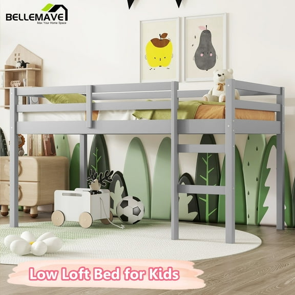 Bellemave Twin Low Loft Bed with Ladder and Guardrails Space Saving Twin Wooden Loft Bed Frame for Junior Loft Bed Frame with Strengthened Slats (Twin, Gray)