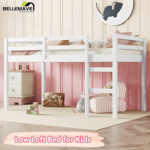 Bellemave Twin Low Loft Bed with Ladder and Guardrails Space Saving Twin Wooden Loft Bed Frame for Junior Loft Bed Frame with Strengthened Slats (Twin, White)