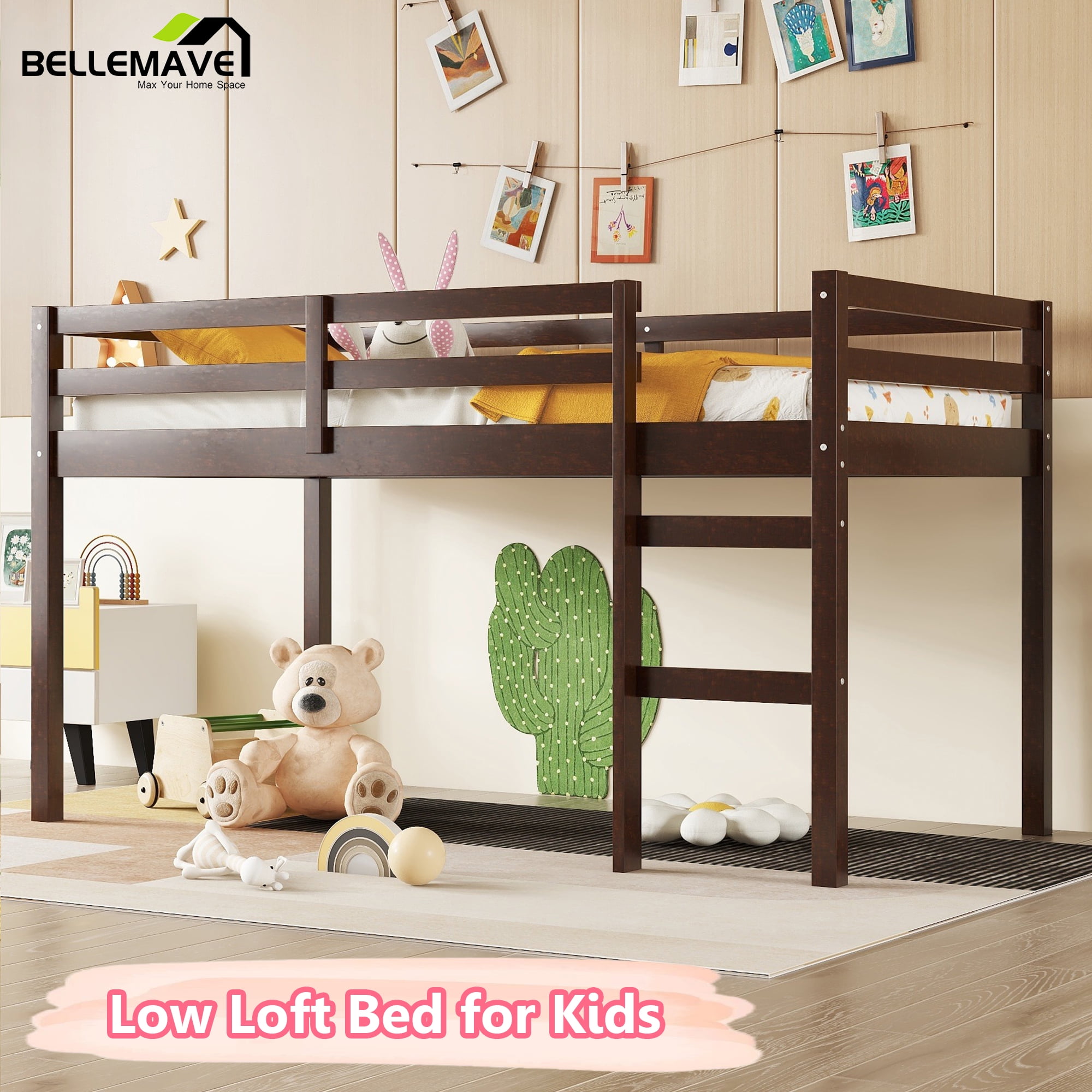 Bellemave Twin Low Loft Bed with Ladder and Guardrails Space Saving Twin Wooden Loft Bed Frame ...