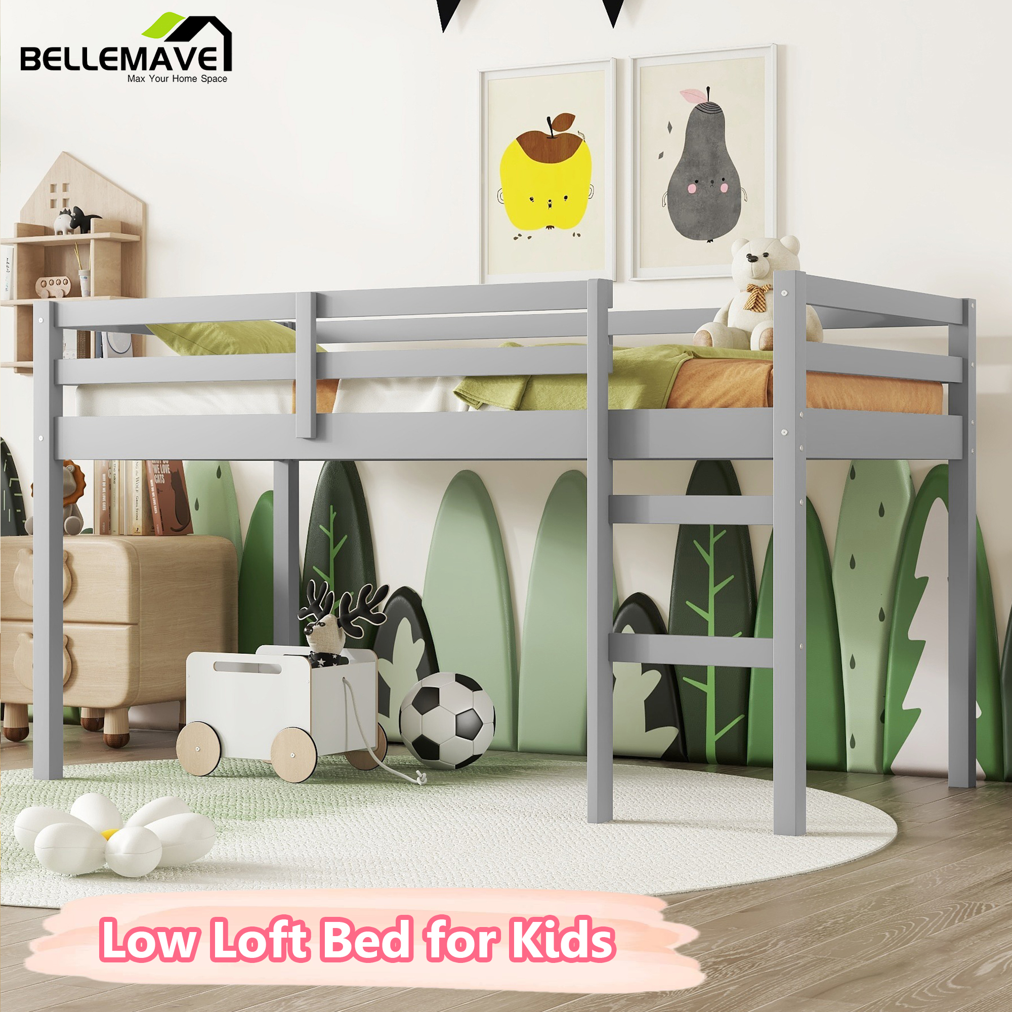 Bellemave Twin Low Loft Bed with Ladder and Guardrails Space Saving Twin Wooden Loft Bed Frame ...