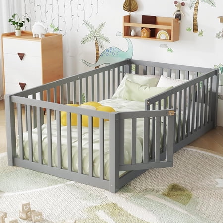 Bellemave Twin Montessori Bed Frame, Wood Twin Size Floor Bed with High Fence Rails, Twin Beds Frame for Bedroom Playroom (Gray)