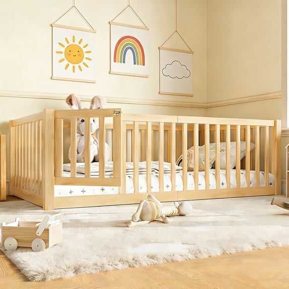 Bellemave Twin Montessori Bed Frame, Wood Twin Size Floor Bed with High Fence Rails, Twin Beds Frame for Bedroom Playroom (Natural)