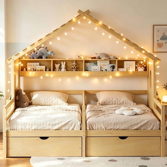 Bellemave Twin Montessori Beds for 2 Kids, House Bed with Bookcase, Twin House Bed with Storage Drawers, Kids House Bed Frame, No Box Spring Needed, Natural