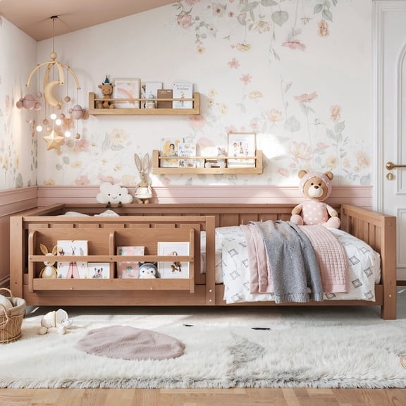 Bellemave Twin Montessori Floor Bed with Built-in Bookshelf, Twin Floor Bed with Full Safety Guardrails, Low-to-Floor Bed Frame with Slats, No Box Spring Needed, Easy Assembly, Dark Natural
