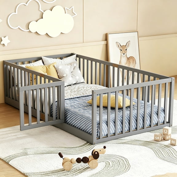 Bellemave Twin Montessori Floor Bed with High Rails & Door and Slats, Wooden Easy Assemble Twin Size Beds Frame with Guardrails, No Box Spring Needed,Gray
