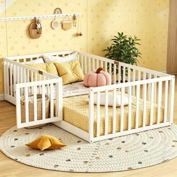 Bellemave Twin Montessori Floor Bed with High Rails & Door and Slats, Wooden Easy Assemble Twin Size Beds Frame with Guardrails, No Box Spring Needed,White