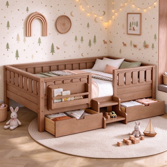 Bellemave Twin Montessori Floor Bed with Storage, Low Profile Kids Bed with Stairs, Bookcases and Guardrails, Solid Wood Daybed with Drawers and Slats for Kids, No Box Spring Needed, Natural