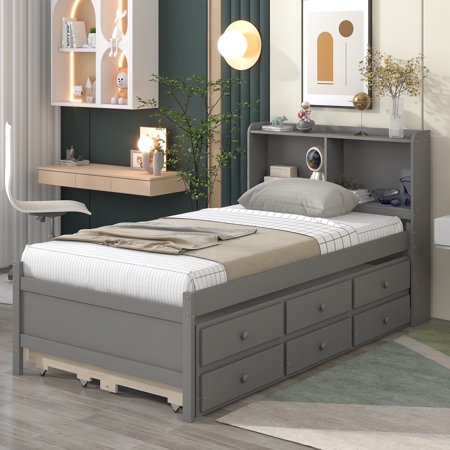 Bellemave Twin Multifunctional Platform Bed with Bookkcase,Pull-Out Trundle and 3 Storage Drawers,No Box Spring Needed(Gray)