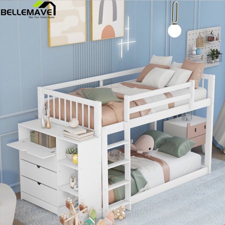 Bellemave Twin Over Twin Bunk Bed with Attached Cabinet and Storage Shelves, Solid Wood Bed Frame with Removable Ladder for Kids,Teens,Space Saving Bedroom Furniture(White)