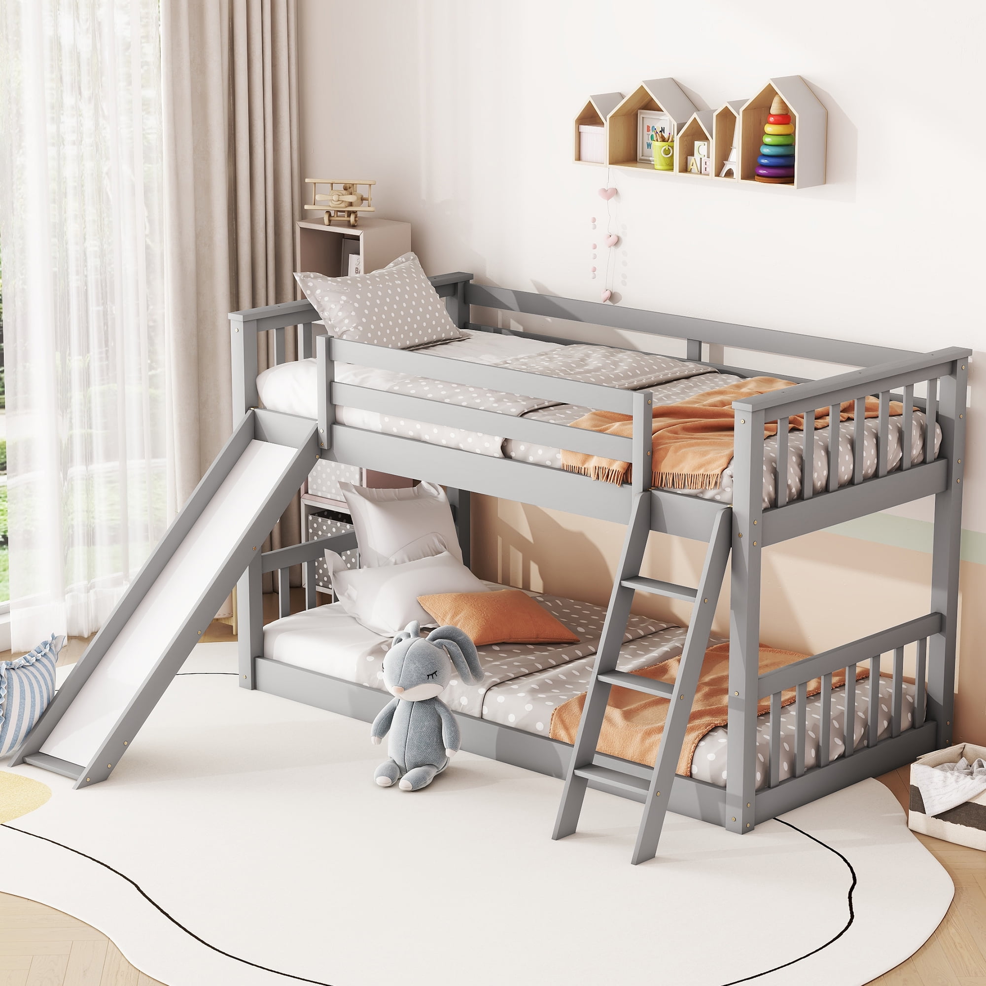 Bellemave Twin Over Twin Bunk Bed with Slide and Ladder Wood Floor Bunk
