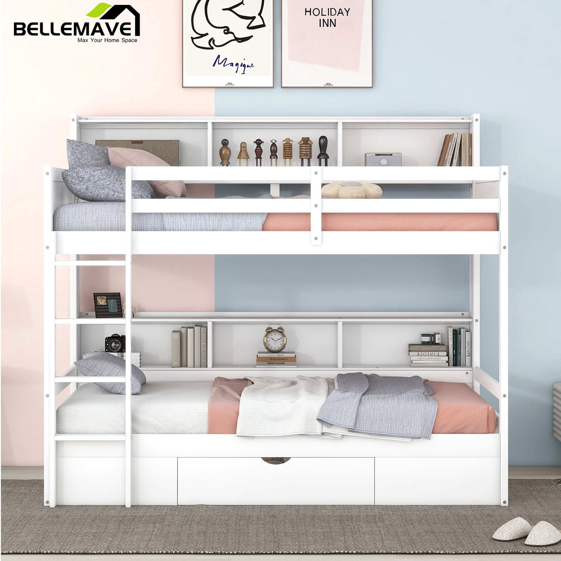 Bellemave Twin Over Twin Bunk Bed with Storage Drawer and Shelves