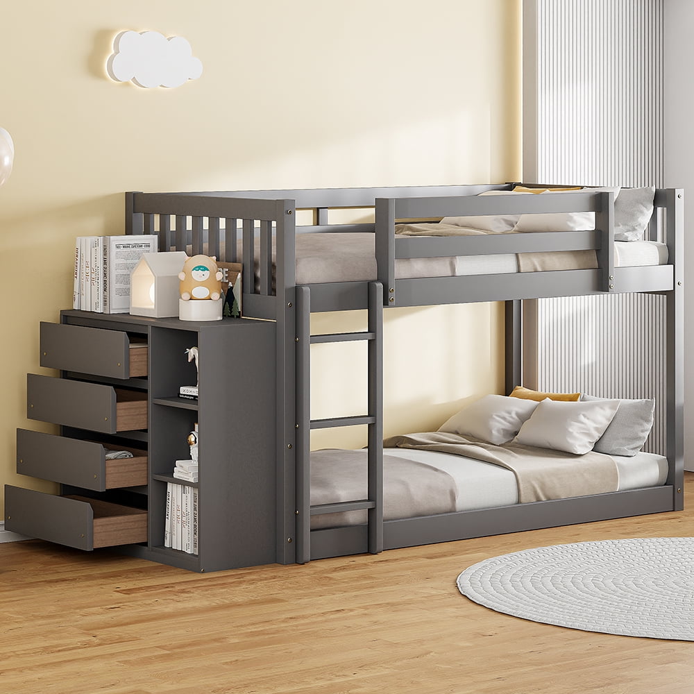 Bellemave Wooden Twin Bunk Bed with Storage, 4 Drawers & 3 Shelves, for
