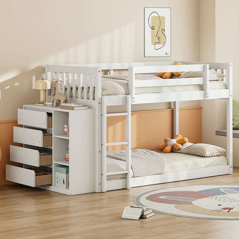 Bellemave Twin Over Twin Bunk Bed with Storage Wood Low Bunk Bed with 4 Drawers and 3 Shelves Twin Floor Bunk Bed Frame for Kids Teens Girls Boys