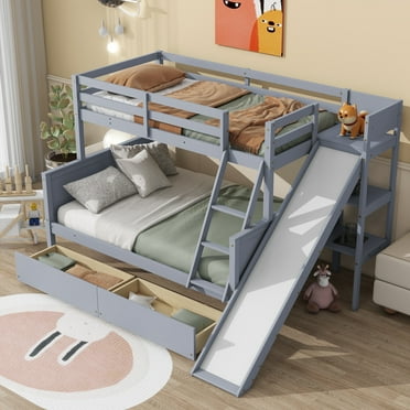 Bellemave Twin Over Full Bunk Bed with Slide and Storage, Wood Bunk Bed Frame with 2 Drawers & Shelves, Bunk Bed Twin Over Full for Kids Teens Adults Dorm Small Space （Gray)