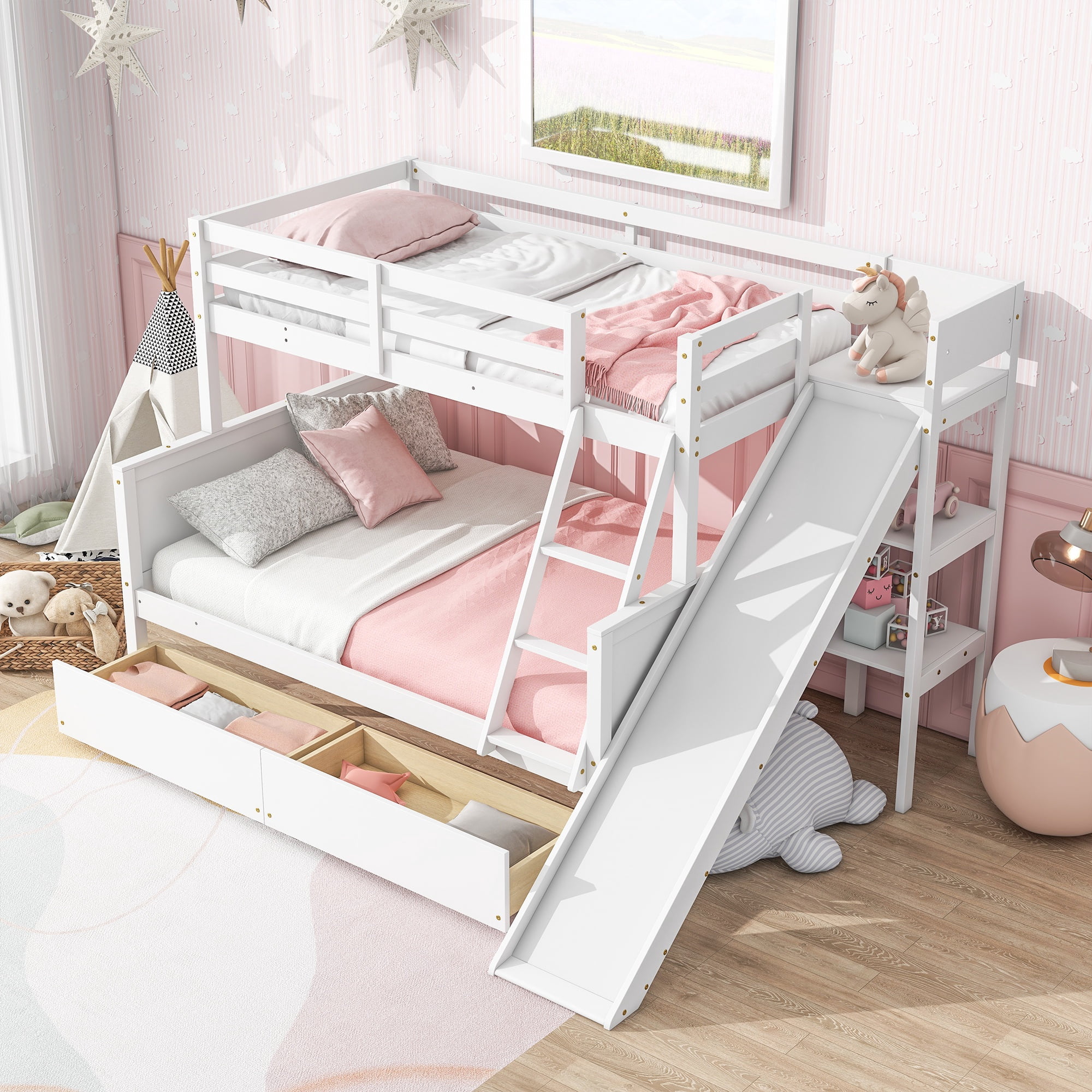 Bellemave Twin Over Full Bunk Bed with Slide and Storage, Wood Bunk Bed ...