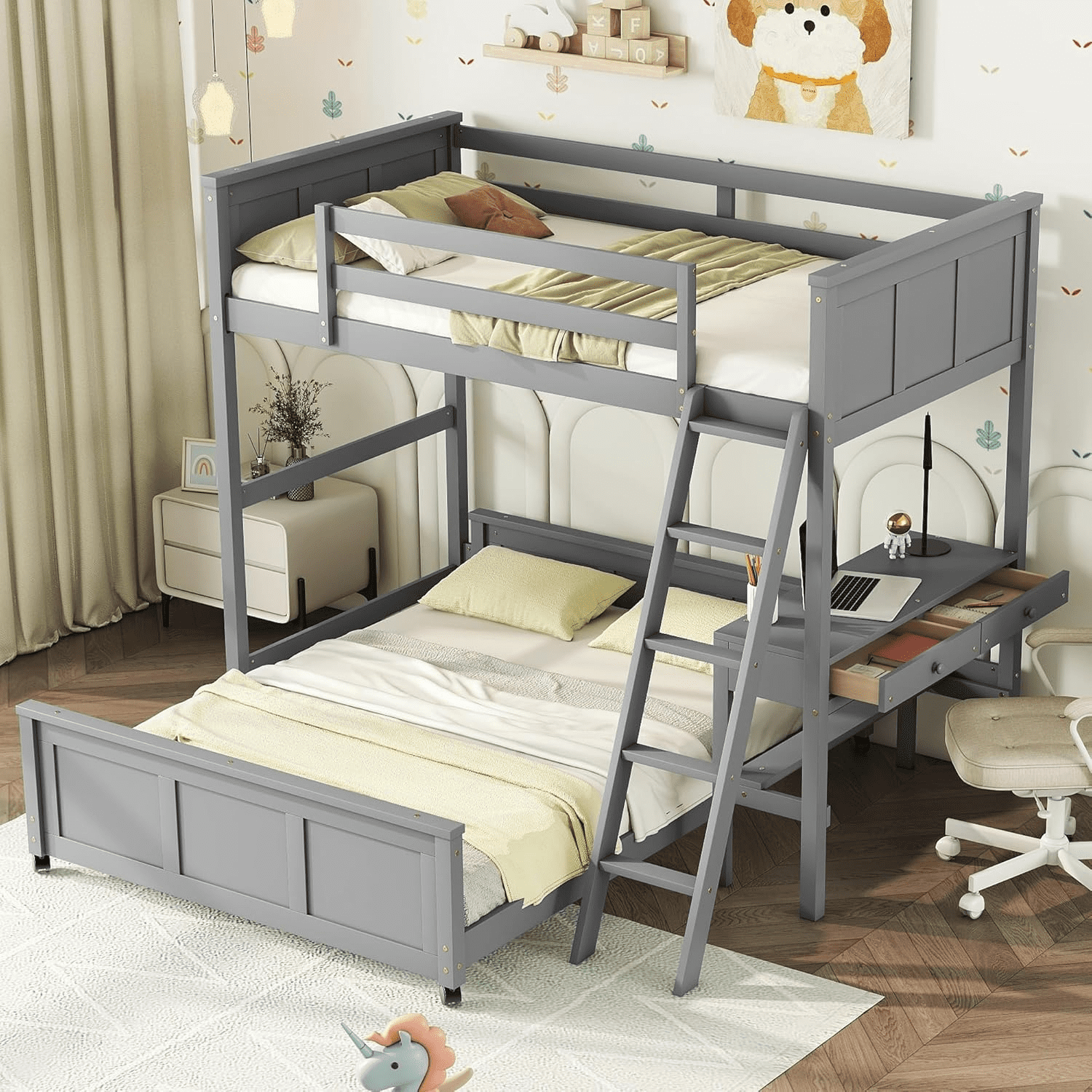 Bellemave Twin Over Full Bunk Bed with Desk and Storage Drawers, Solid