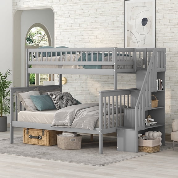Bellemave Twin Over Full Bunk Bed with Stairs, Solid Wood Bunk Beds Frame with Storage Shelves, Detachable Stairway Bunk Beds for Teens Adult (Gray)