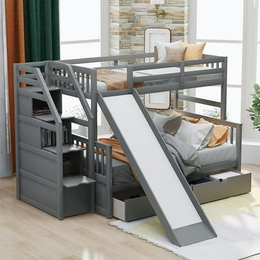 Bellemave Twin Over Full Bunk Bed with Stairs and Slide, Solid Wood Bunk Bed Frame with Storage Drawers for Kids Boys Girls Teens （Gray)