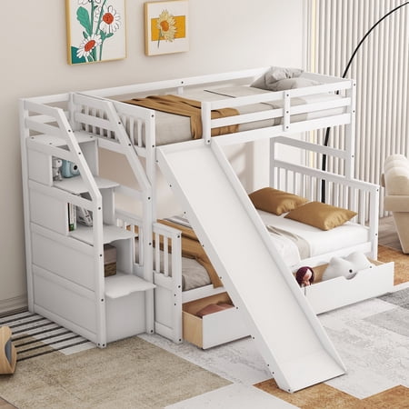 Bellemave Twin Over Full Bunk Bed with Stairs and Slide, Solid Wood Bunk Bed Frame with Storage Drawers for Teens Adult(White)