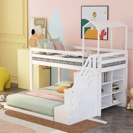 Bellemave Twin Over Full Bunk Bed with Stairs and Storage, Wood House L-Shape Bunk Bed with Shelves, Floor Bunk Bed for Toddlers Kids Teens (White)