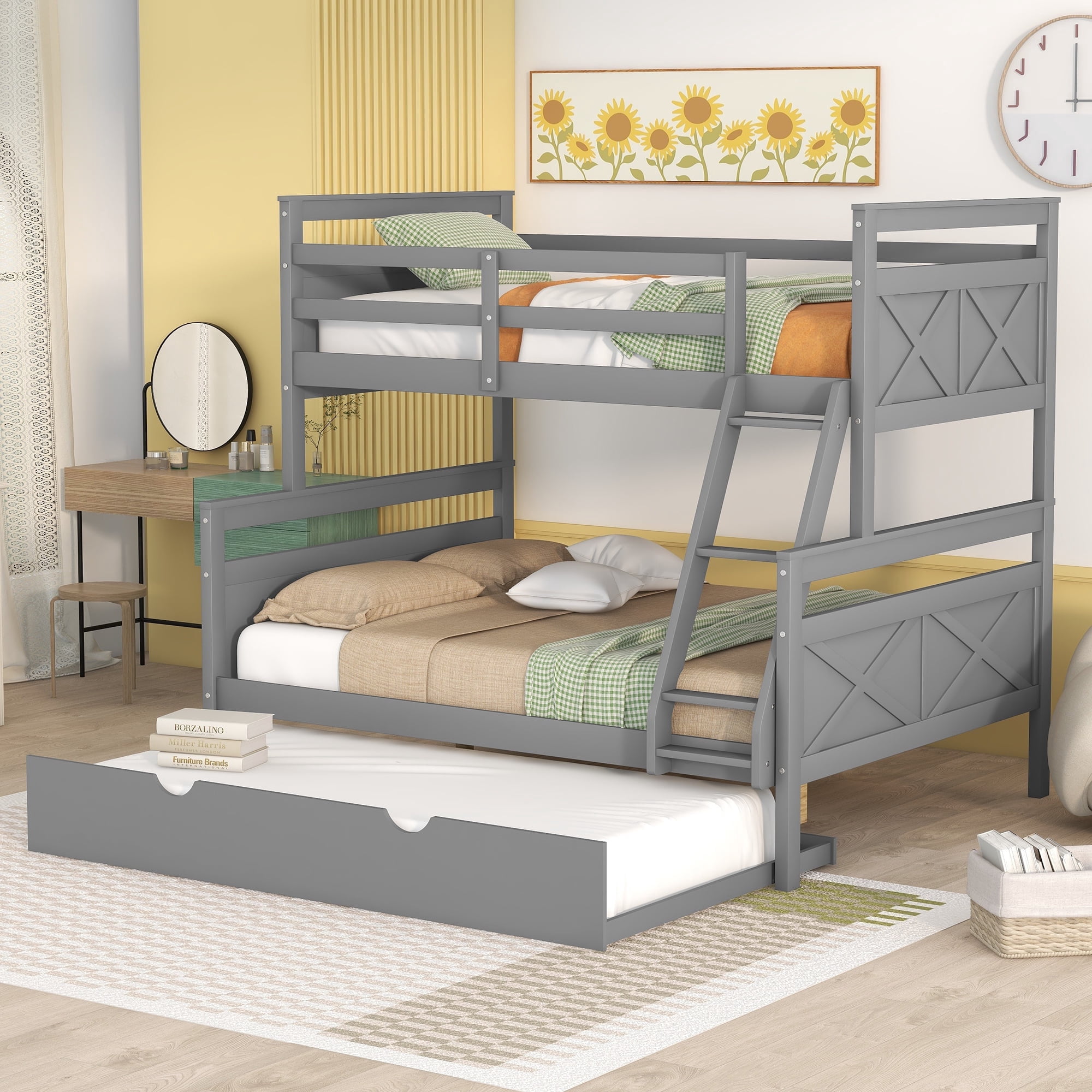 Bellemave Twin Over Full Bunk Bed with Trundle, Solid Wood, Ladder ...