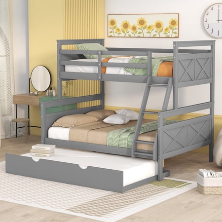 Bellemave Twin Over Full Bunk Bed with Trundle, Solid Wood Bunk Bed Frame with Ladder and Safety Guardrail, for Teens Adults (Grey)