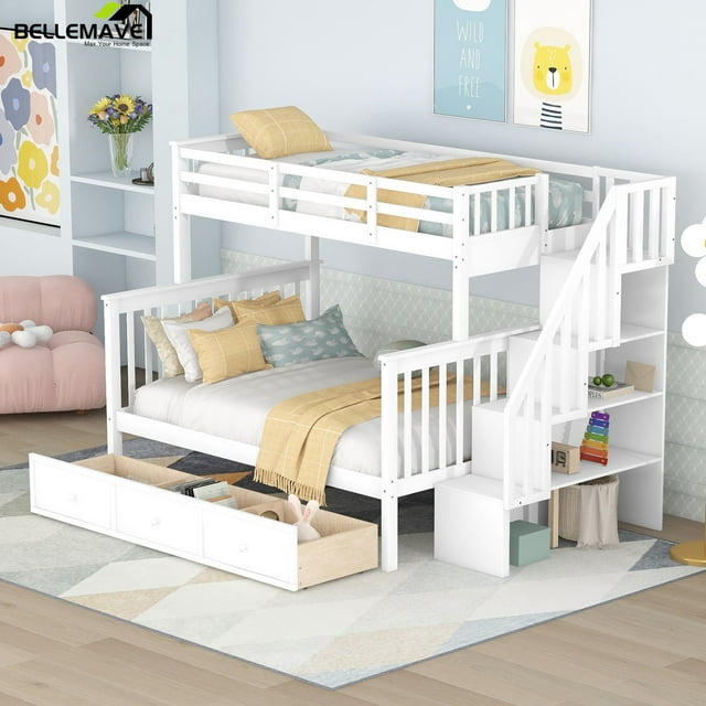 Bellemave Twin Over Full Bunk Beds with Stairs, Wood Bunk Bed Frame with Storage Drawers and Open Shelves, for Kids, Teens, Adults, White