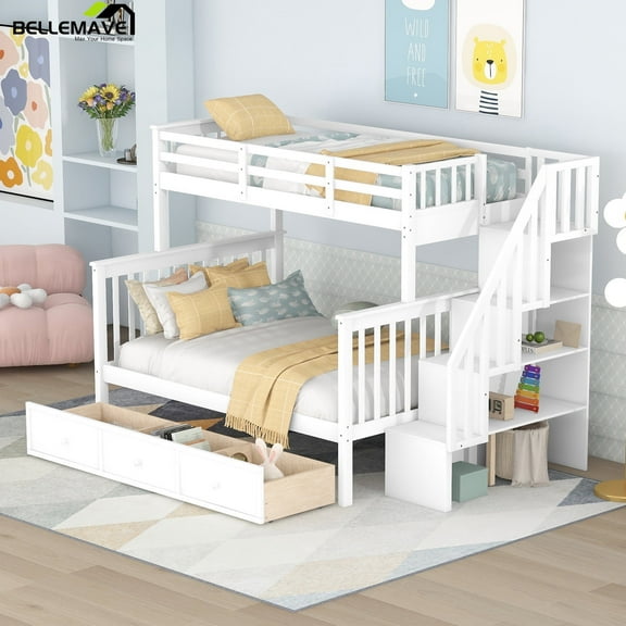 Bellemave Twin Over Full Bunk Beds with Stairs, Wood Bunk Bed Frame with Storage Drawers and Open Shelves for Teens, Adults, White