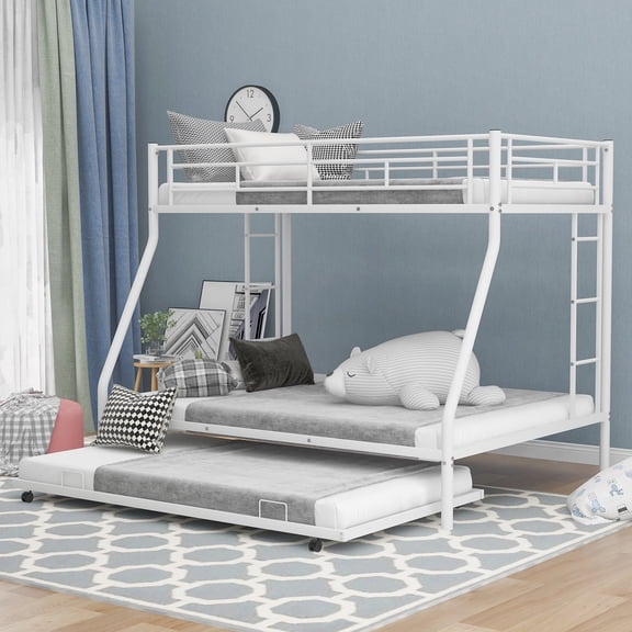 Bellemave Twin Over Full Bunk Beds with Trundle, Metal Bunk Bed Frame with Two-Side Ladders and Safety Rail, Thickened Metal Bed for 3, White