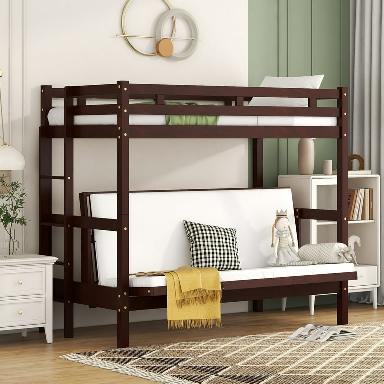 Bellemave Twin Over Full Futon Bunk Beds Wood Bunk Bed Frame can be Converted into Couch 2 in 1 Detachable Bunk Bed for Kids Teens Adults Espresso