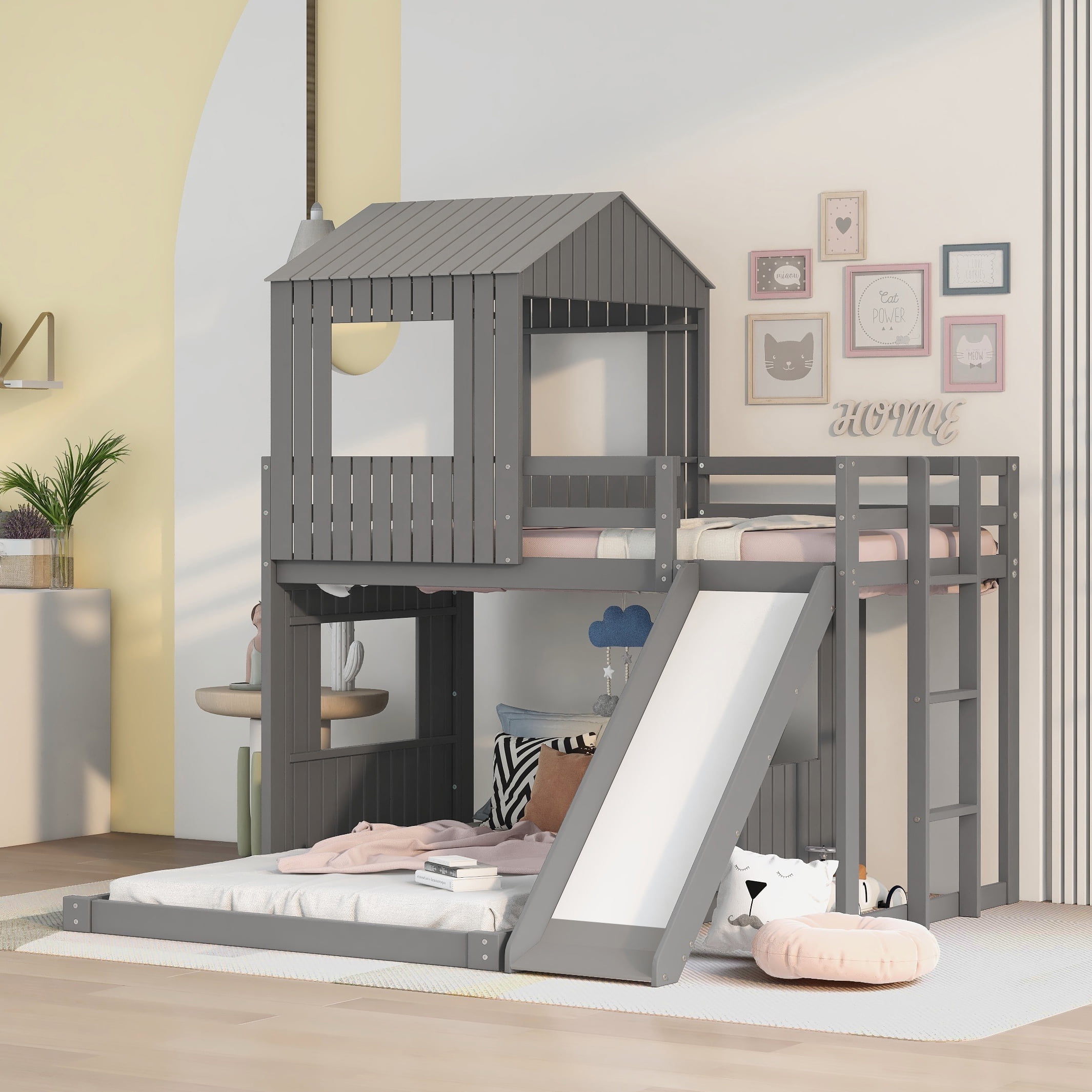 Bellemave Castle Bunk Bed, Twin Over Full, Wood LShaped Loft with