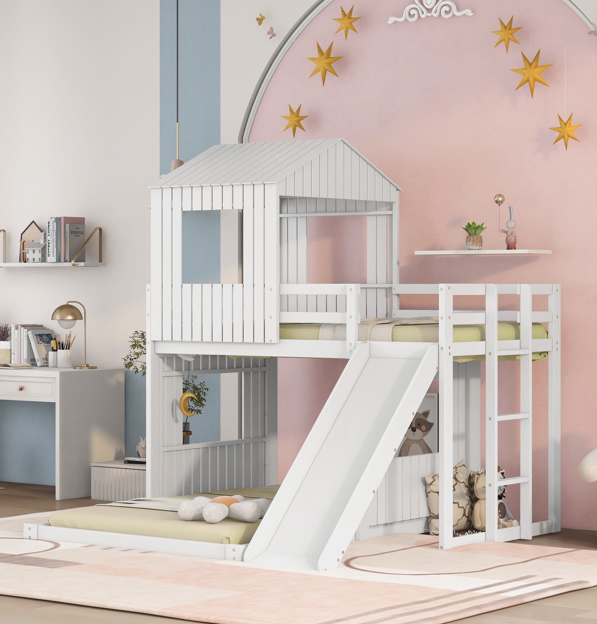 Bellemave Twin Over Full House Bunk Bed with Slide Wood L Shaped Fort Loft Bunk Beds Frame with Ladder Floor Playhouse Bed for Kids No Need Spring