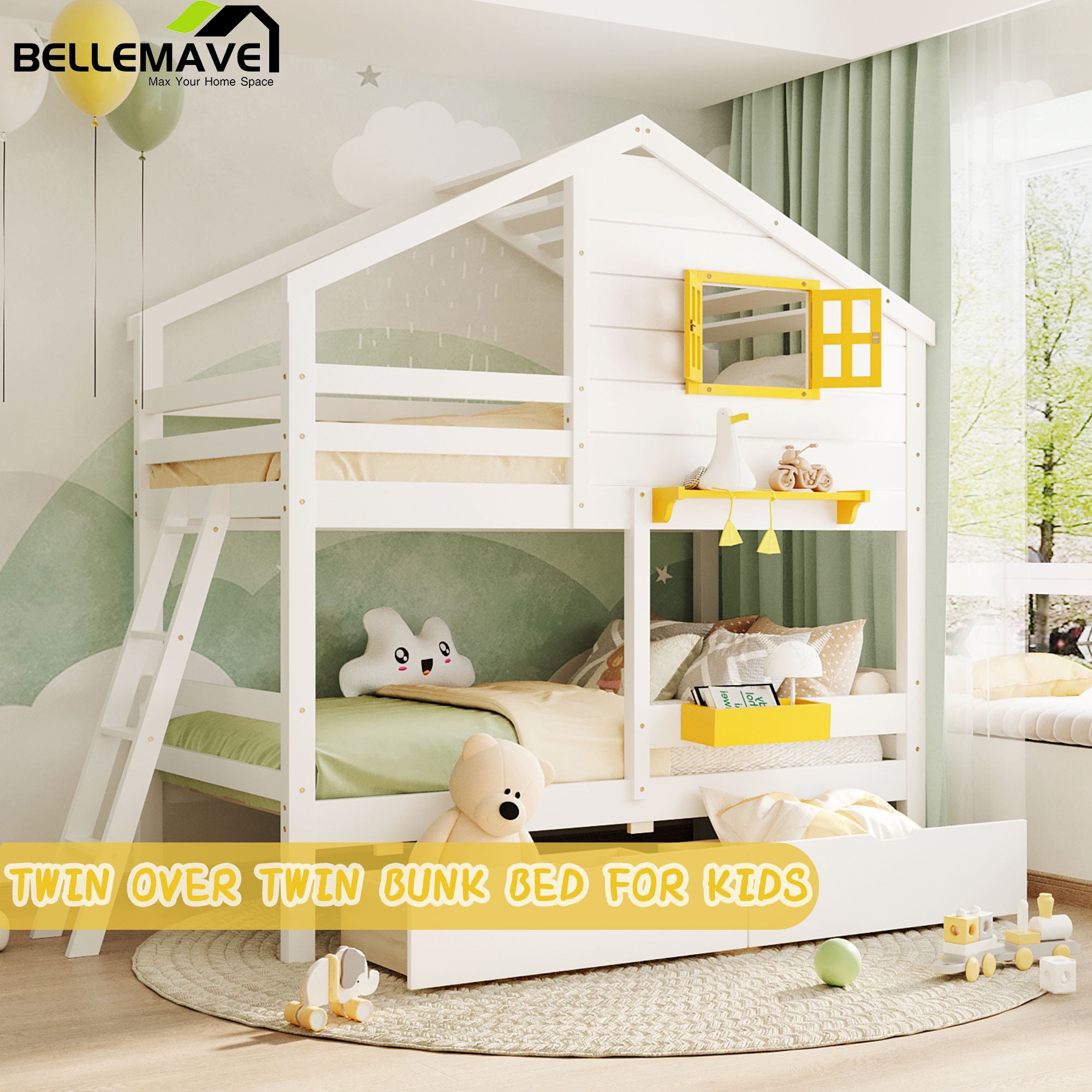 Twin/Twin House Bunk Bed with Shelves and Drawers in White