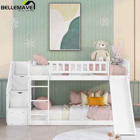 Bellemave Twin Over Twin Kids Bunk Beds with Slide,Low Bunk Bed Frame with Storage Drawers and Stairway,Floor Wood Bunk Bed for Kids,Teens, Boys Girls,White