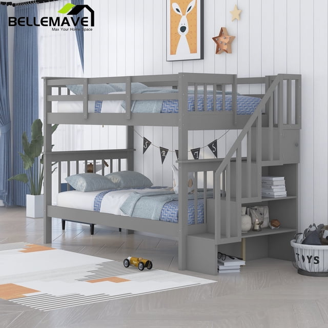 Bellemave Wooden Twin Bunk Beds with Stairs, Convertible, Storage ...