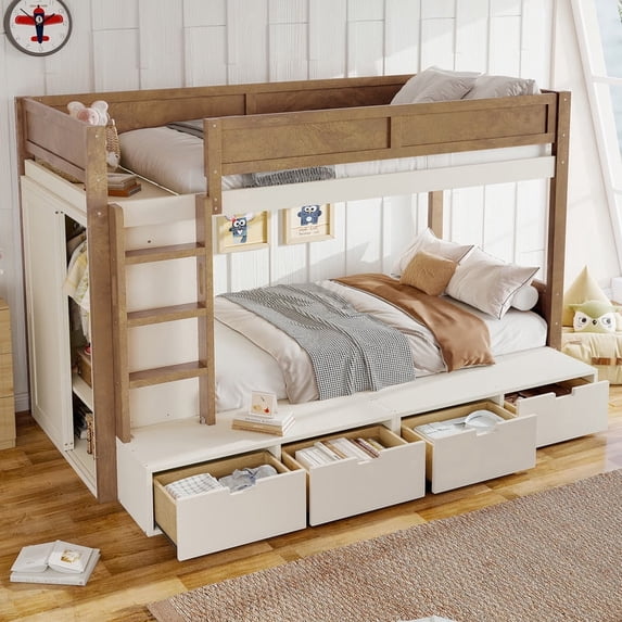 Bellemave Twin Over Twin Bunk Bed with 4 Storage Drawers and Wardrobe, Solid Wood Kids Bunk Beds Frame with Shelf, No Box Spring Needed (Beige & Natural)