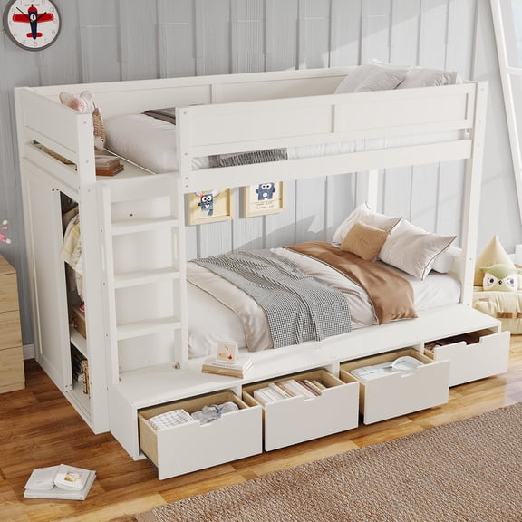 Bellemave Twin Over Twin Bunk Bed with 4 Storage Drawers and Wardrobe, Solid Wood Kids Bunk Beds Frame with Shelf, No Box Spring Needed (Ivory)