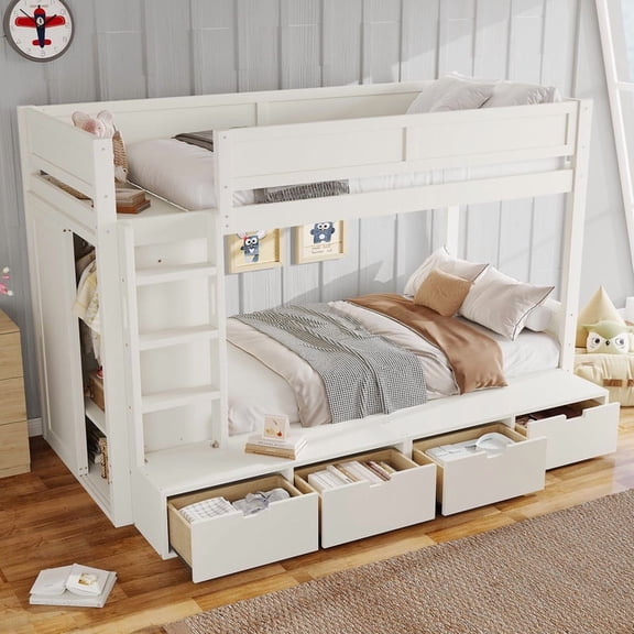 Bellemave Twin Over Twin Bunk Bed with 4 Storage Drawers and Wardrobe, Solid Wood Kids Bunk Beds Frame with Shelf, No Box Spring Needed (Ivory)
