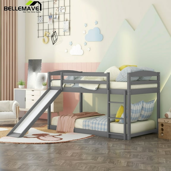 Bellemave Twin Over Twin Bunk Bed with Slide, Kids Low Bunk Bed with Convertible Slide and Ladder, Wood Floor Bunk Bed Frame for Boys & Girls, Gray