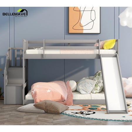 Bellemave Twin Over Twin Low Bunk Bed with Slide 2 Bunk Bed with Stairs Wooden Bed Frame with Storage and Guardrail, No Box Spring Needed, Gray