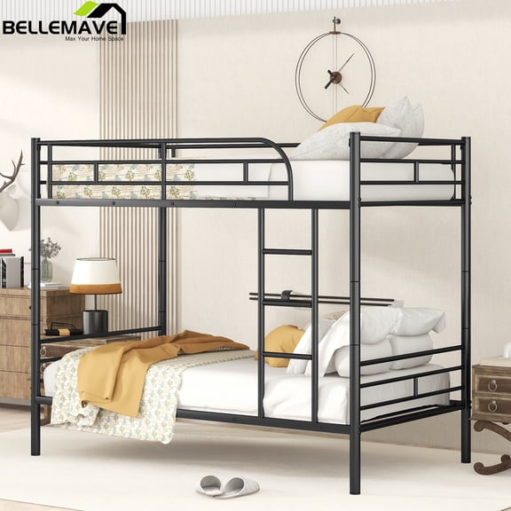 Bellemave Twin Over Twin Metal Bunk Bed with Ladder and Full-Length Guardrail,Convertible Bunk Beds,Metal Twin Bunk Bed Frame for Teens,Black