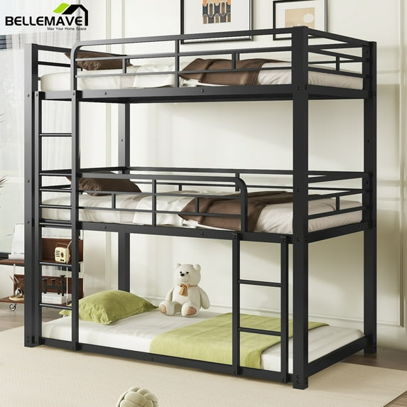 Bellemave Twin Over Twin over Twin Size Metal Bunk Bed Triple Bunk Bed Frame with 2 Ladders and Guardrails Twin Floor Bunk Beds for Teens(Black)