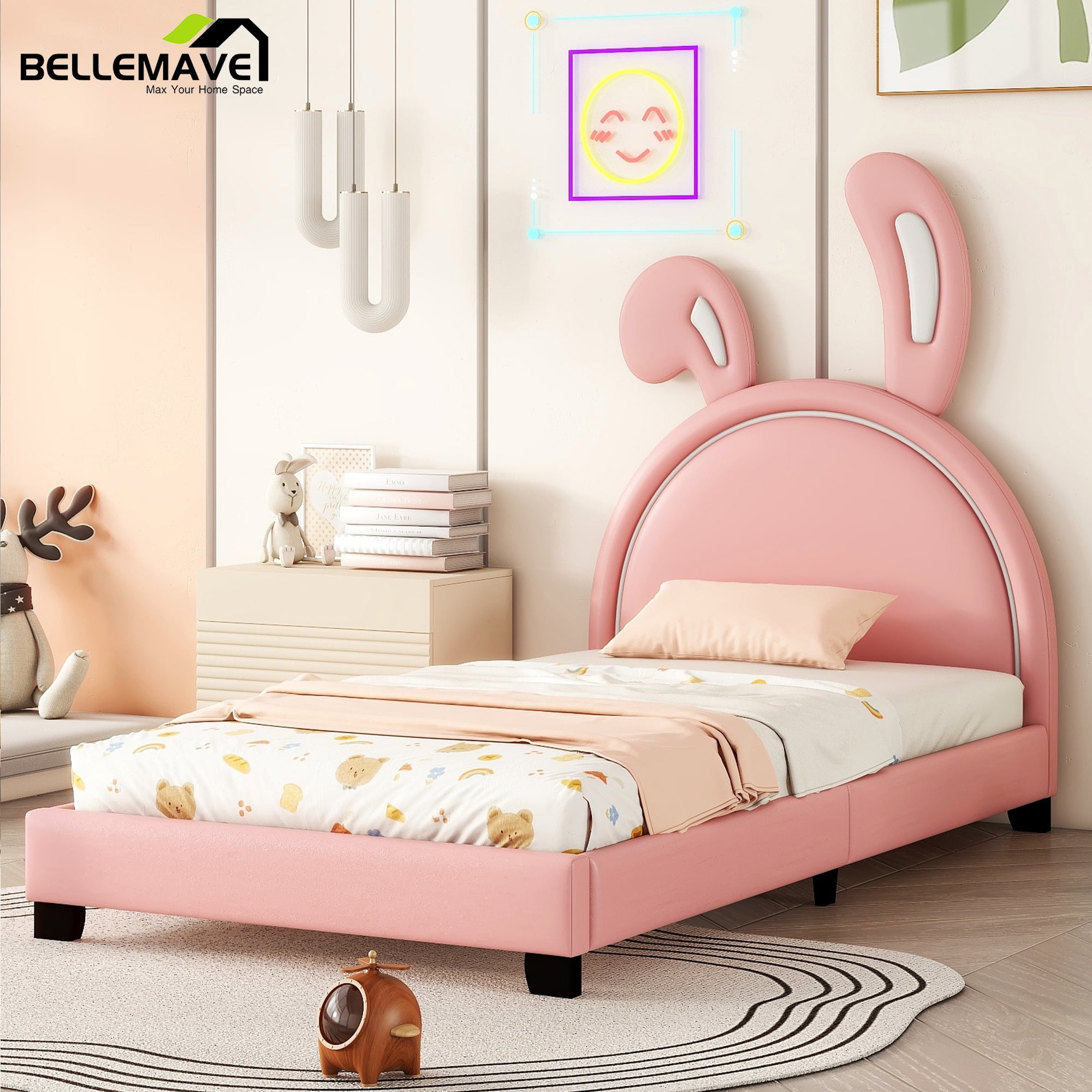 Bellemave Twin PU Leather Upholstered Bed with Bunny Style Headboard Cute Rabbit Style Twin Wood Bed Frame Animal Theme Low Platform Bed for Kids
