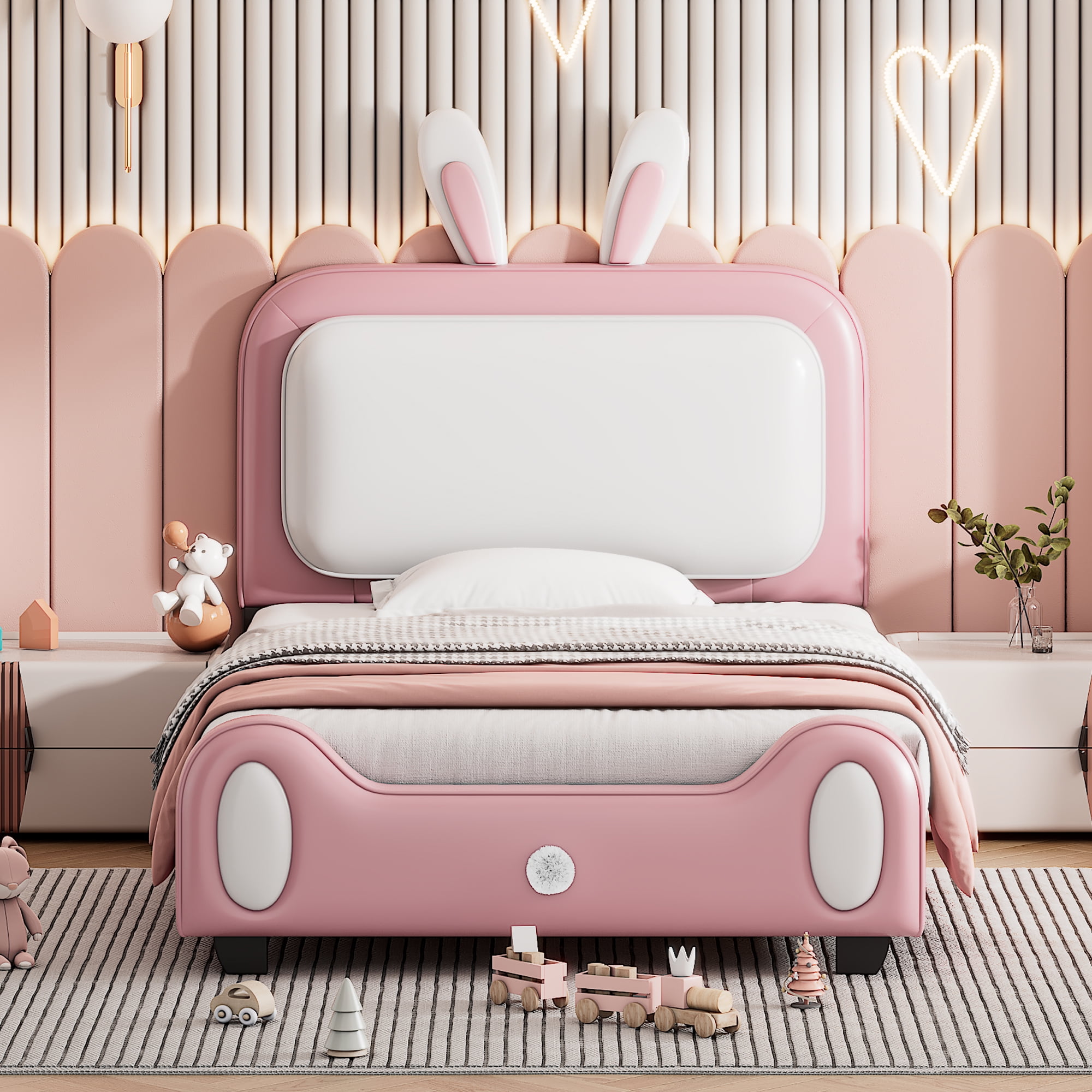 Bellemave Twin PU Leather Upholstered Platform Bed with Rabbit Style Headboard Lovely Princess